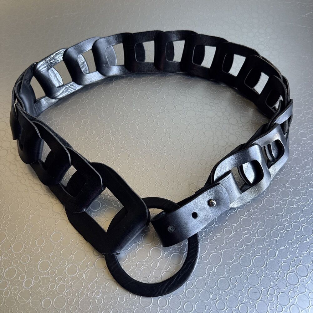 Brave Black Leather Interlocking Link Belt 34 O-Ring Geometric Y2K Grunge Womens